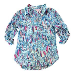 Lilly Pulitzer Women's Red Right Return Cruiser Shirt Size 6 Sailboats Coastal
